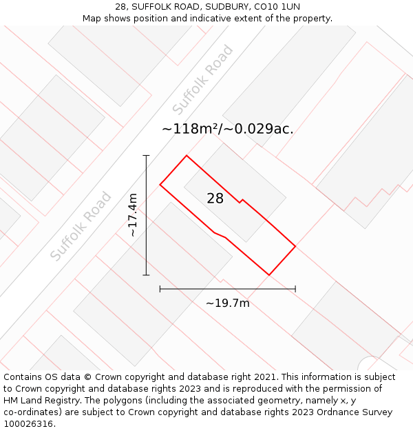 28, SUFFOLK ROAD, SUDBURY, CO10 1UN: Plot and title map