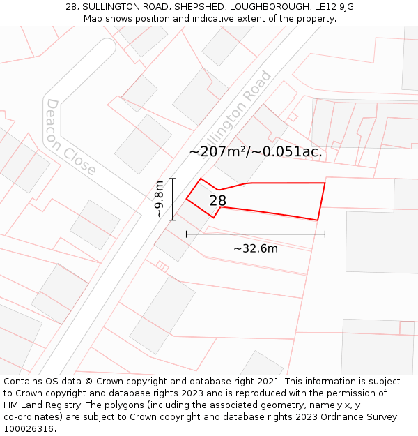 28, SULLINGTON ROAD, SHEPSHED, LOUGHBOROUGH, LE12 9JG: Plot and title map