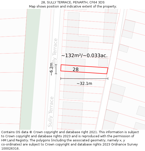 28, SULLY TERRACE, PENARTH, CF64 3DS: Plot and title map