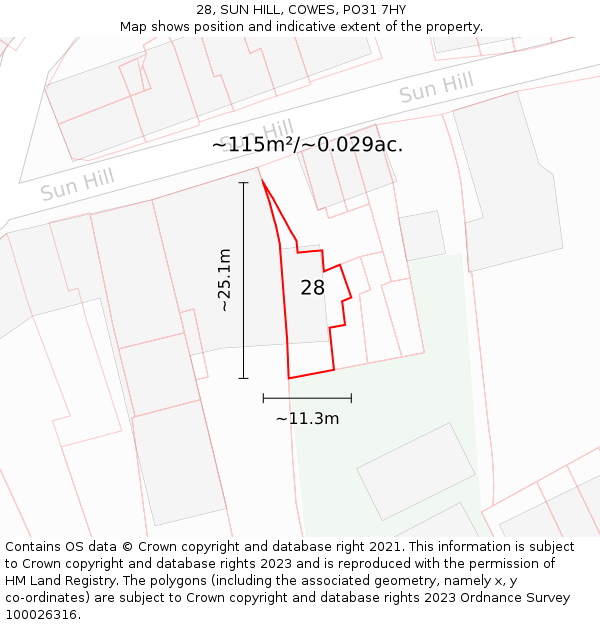 28, SUN HILL, COWES, PO31 7HY: Plot and title map