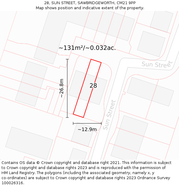 28, SUN STREET, SAWBRIDGEWORTH, CM21 9PP: Plot and title map