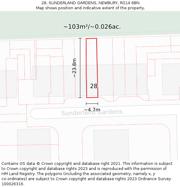 28, SUNDERLAND GARDENS, NEWBURY, RG14 6BN: Plot and title map