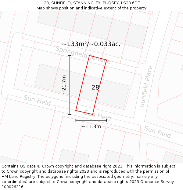 28, SUNFIELD, STANNINGLEY, PUDSEY, LS28 6DE: Plot and title map