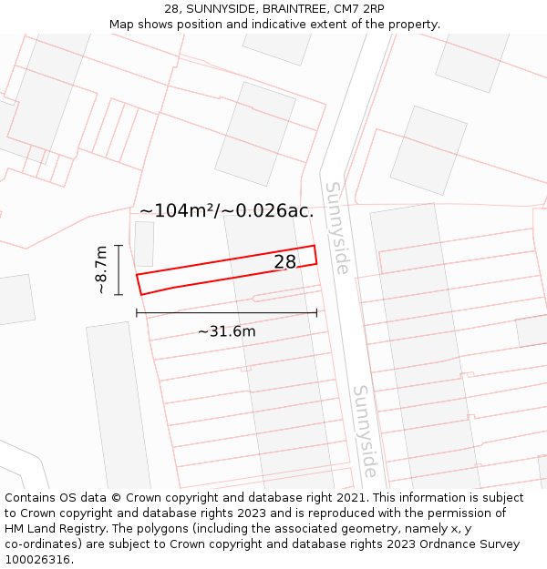 28, SUNNYSIDE, BRAINTREE, CM7 2RP: Plot and title map