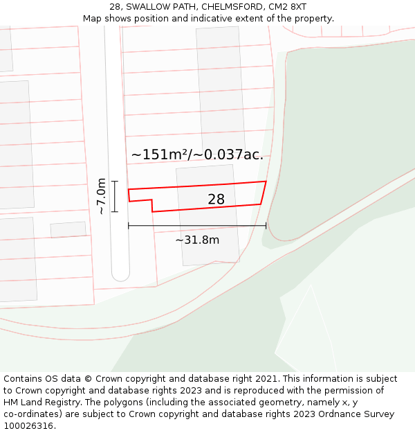 28, SWALLOW PATH, CHELMSFORD, CM2 8XT: Plot and title map