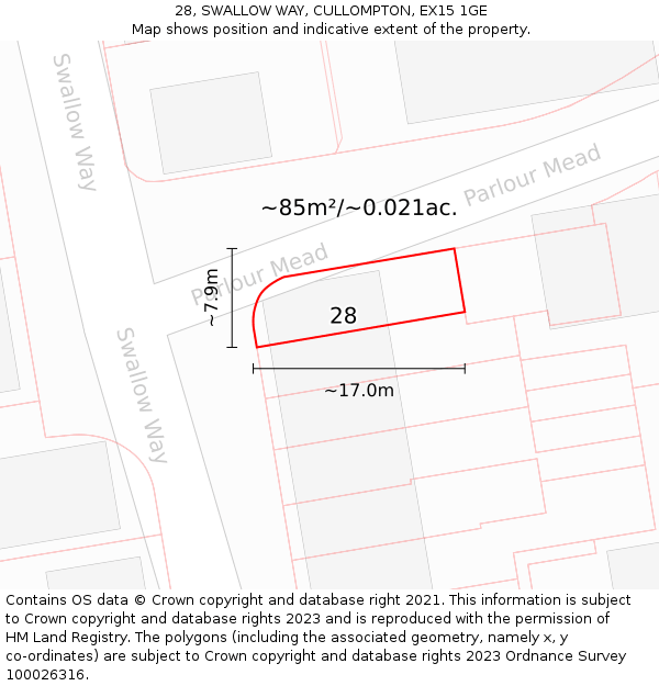 28, SWALLOW WAY, CULLOMPTON, EX15 1GE: Plot and title map