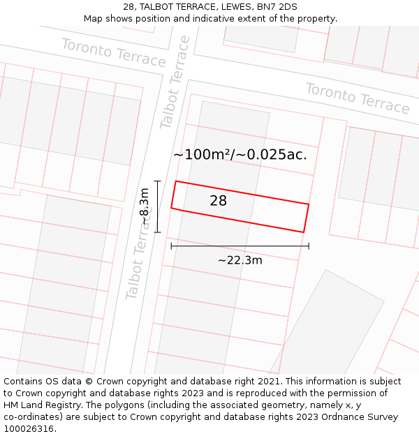28, TALBOT TERRACE, LEWES, BN7 2DS: Plot and title map
