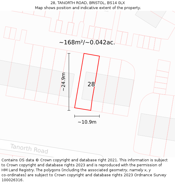28, TANORTH ROAD, BRISTOL, BS14 0LX: Plot and title map