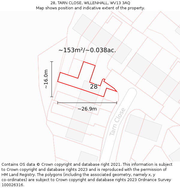 28, TARN CLOSE, WILLENHALL, WV13 3AQ: Plot and title map
