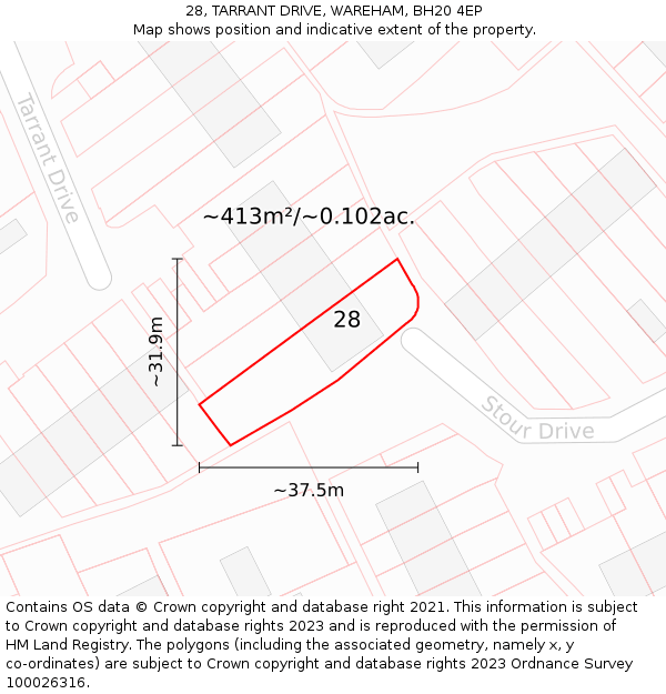 28, TARRANT DRIVE, WAREHAM, BH20 4EP: Plot and title map