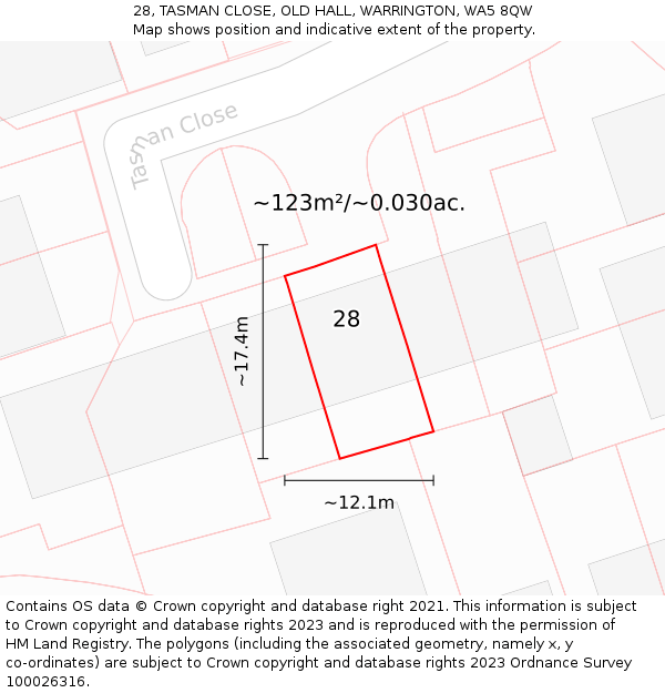 28, TASMAN CLOSE, OLD HALL, WARRINGTON, WA5 8QW: Plot and title map