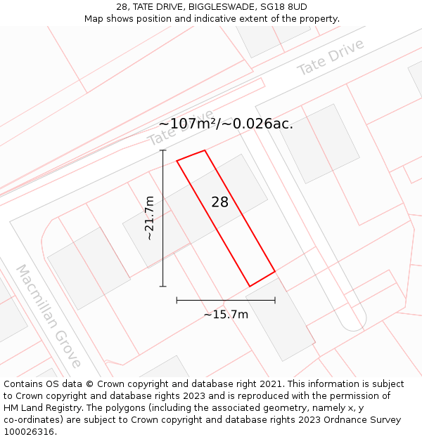 28, TATE DRIVE, BIGGLESWADE, SG18 8UD: Plot and title map