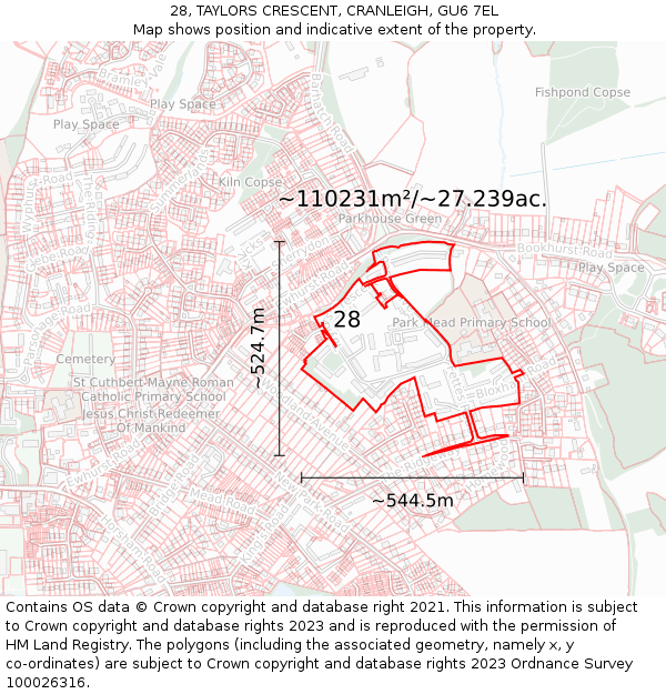 28, TAYLORS CRESCENT, CRANLEIGH, GU6 7EL: Plot and title map