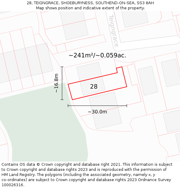 28, TEIGNGRACE, SHOEBURYNESS, SOUTHEND-ON-SEA, SS3 8AH: Plot and title map