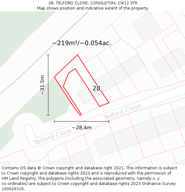 28, TELFORD CLOSE, CONGLETON, CW12 3TR: Plot and title map