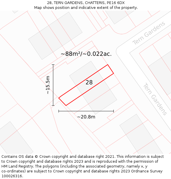 28, TERN GARDENS, CHATTERIS, PE16 6DX: Plot and title map