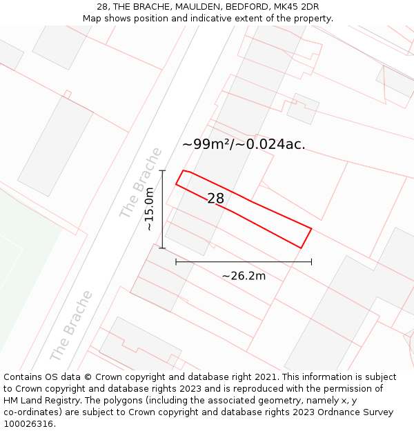 28, THE BRACHE, MAULDEN, BEDFORD, MK45 2DR: Plot and title map