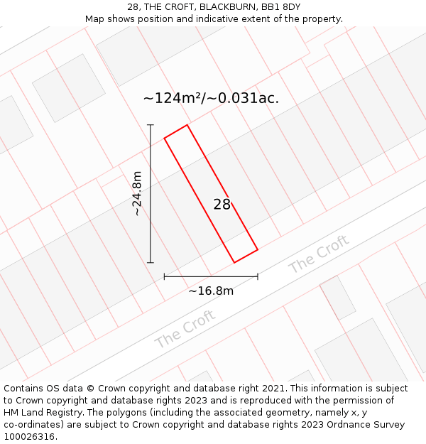 28, THE CROFT, BLACKBURN, BB1 8DY: Plot and title map