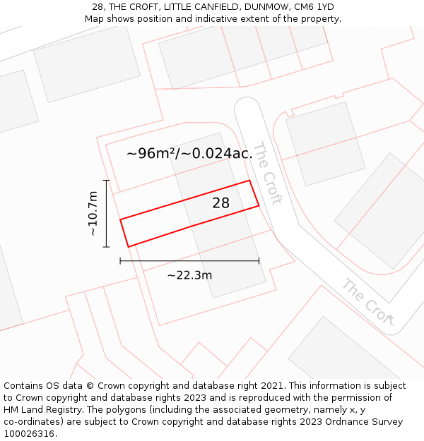 28, THE CROFT, LITTLE CANFIELD, DUNMOW, CM6 1YD: Plot and title map