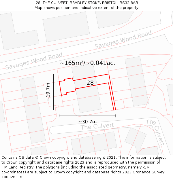 28, THE CULVERT, BRADLEY STOKE, BRISTOL, BS32 8AB: Plot and title map