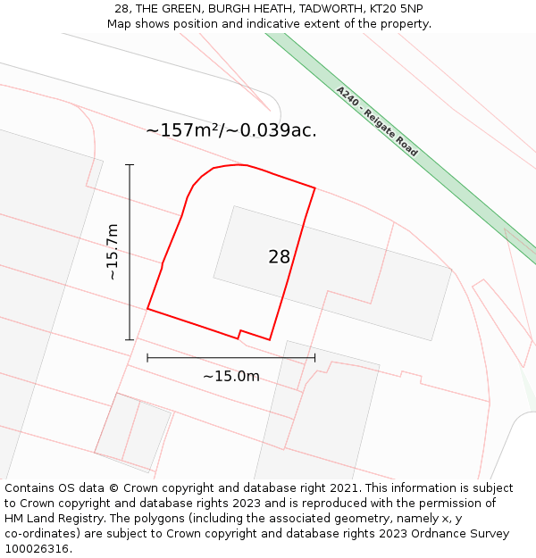 28, THE GREEN, BURGH HEATH, TADWORTH, KT20 5NP: Plot and title map