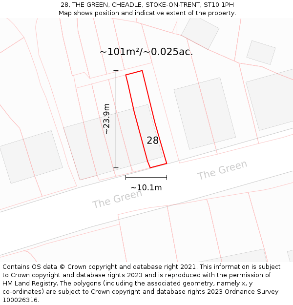 28, THE GREEN, CHEADLE, STOKE-ON-TRENT, ST10 1PH: Plot and title map