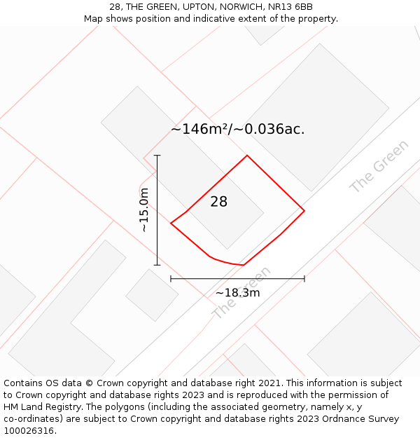28, THE GREEN, UPTON, NORWICH, NR13 6BB: Plot and title map