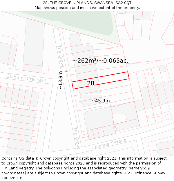28, THE GROVE, UPLANDS, SWANSEA, SA2 0QT: Plot and title map