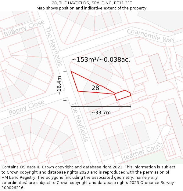 28, THE HAYFIELDS, SPALDING, PE11 3FE: Plot and title map