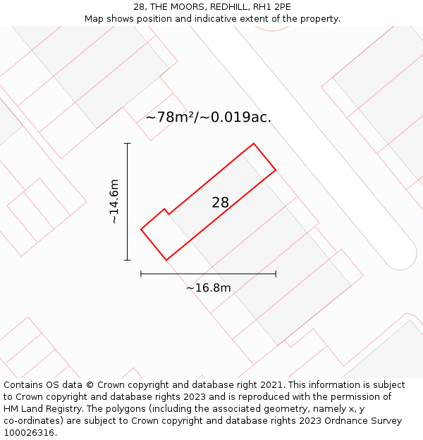 28, THE MOORS, REDHILL, RH1 2PE: Plot and title map