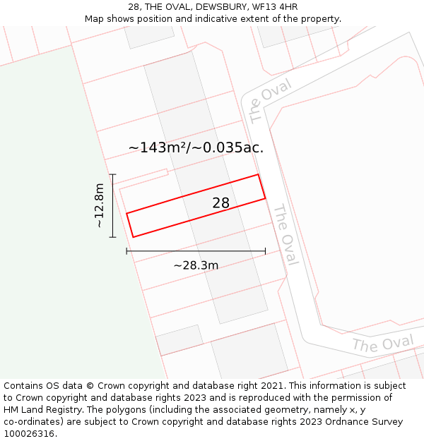28, THE OVAL, DEWSBURY, WF13 4HR: Plot and title map