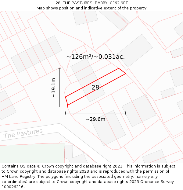 28, THE PASTURES, BARRY, CF62 9ET: Plot and title map