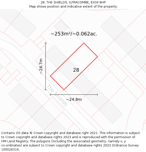 28, THE SHIELDS, ILFRACOMBE, EX34 8HP: Plot and title map