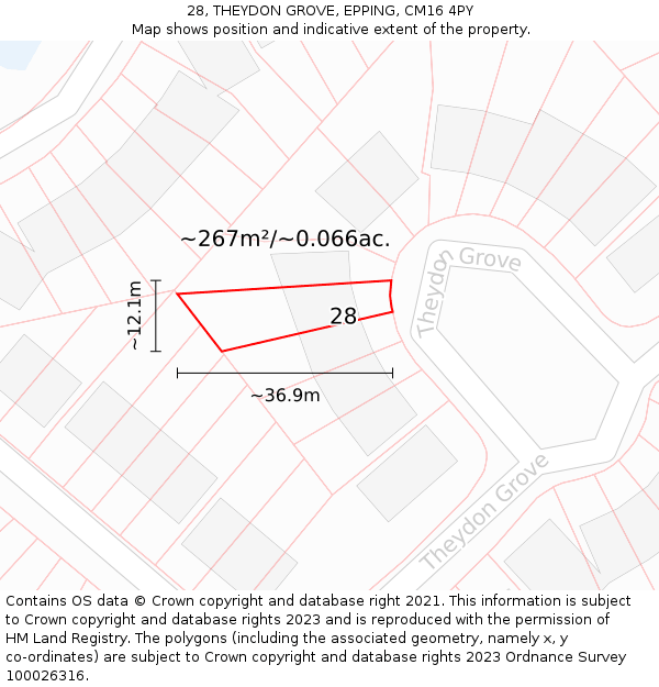 28, THEYDON GROVE, EPPING, CM16 4PY: Plot and title map