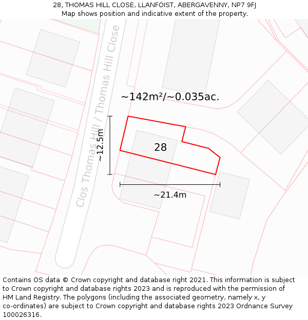 28, THOMAS HILL CLOSE, LLANFOIST, ABERGAVENNY, NP7 9FJ: Plot and title map