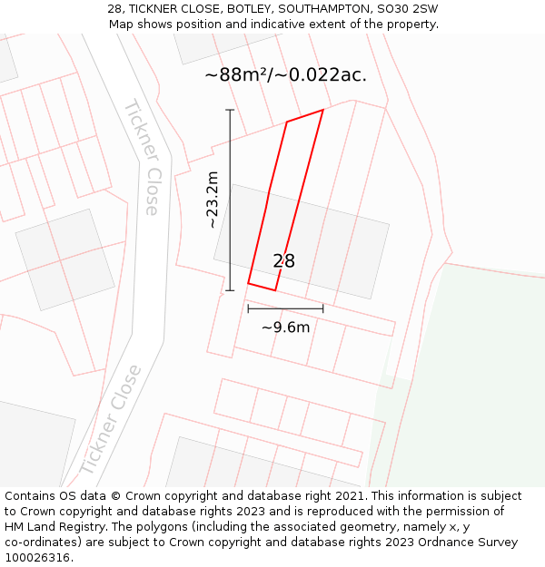 28, TICKNER CLOSE, BOTLEY, SOUTHAMPTON, SO30 2SW: Plot and title map