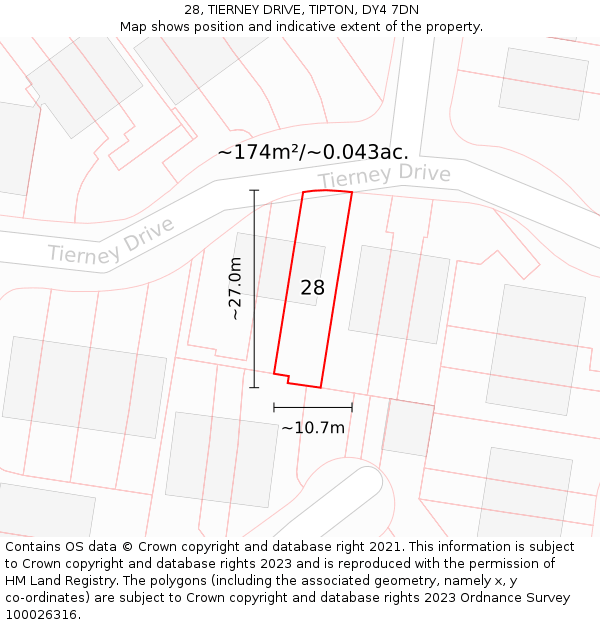 28, TIERNEY DRIVE, TIPTON, DY4 7DN: Plot and title map