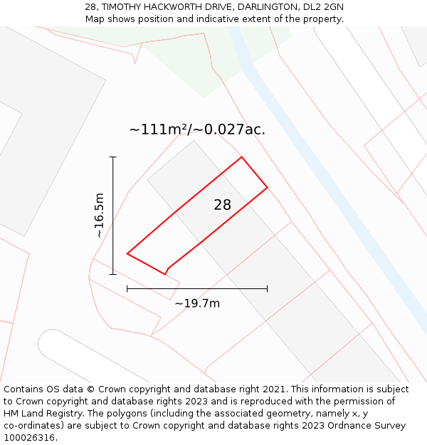 28, TIMOTHY HACKWORTH DRIVE, DARLINGTON, DL2 2GN: Plot and title map