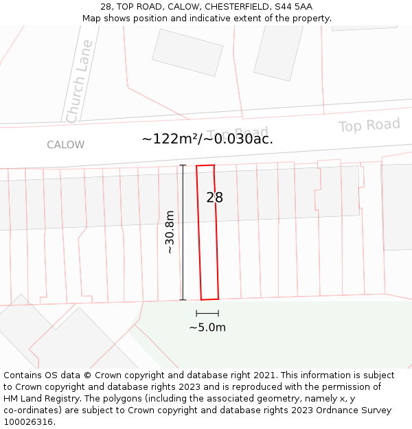 28, TOP ROAD, CALOW, CHESTERFIELD, S44 5AA: Plot and title map