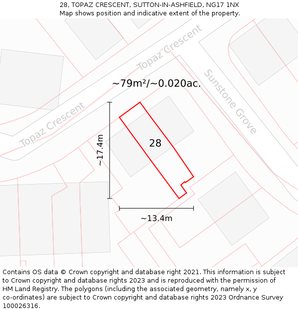 28, TOPAZ CRESCENT, SUTTON-IN-ASHFIELD, NG17 1NX: Plot and title map