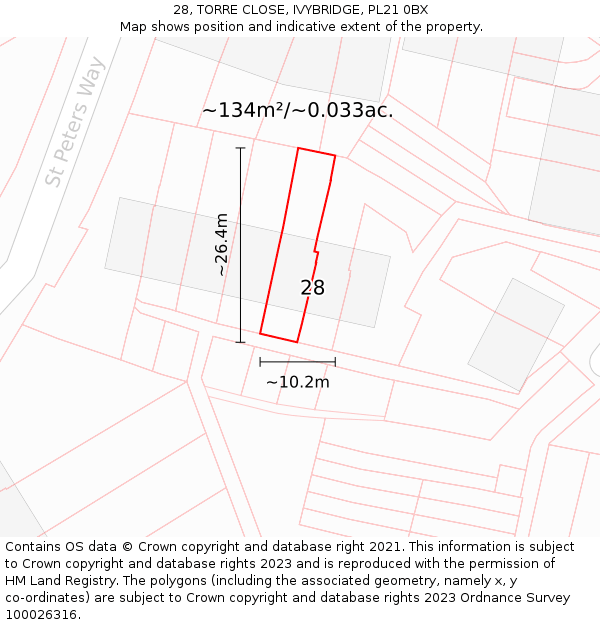 28, TORRE CLOSE, IVYBRIDGE, PL21 0BX: Plot and title map