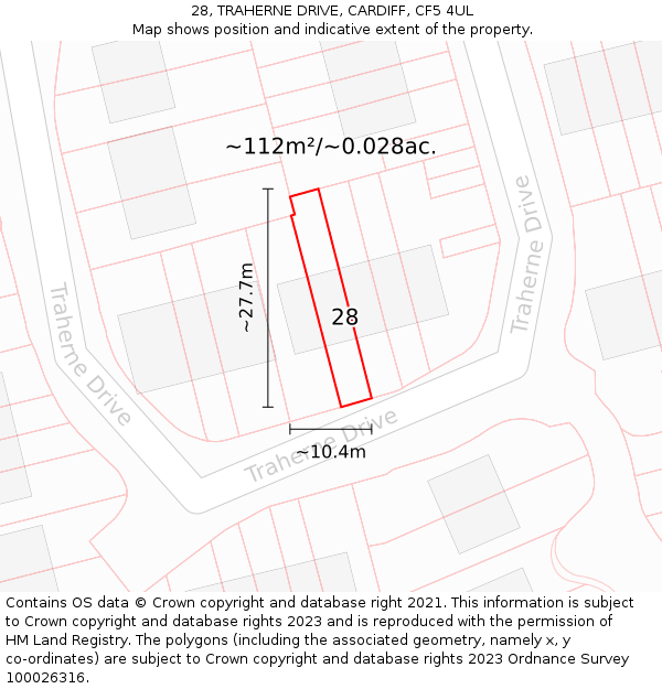 28, TRAHERNE DRIVE, CARDIFF, CF5 4UL: Plot and title map