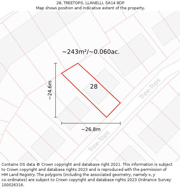28, TREETOPS, LLANELLI, SA14 8DP: Plot and title map