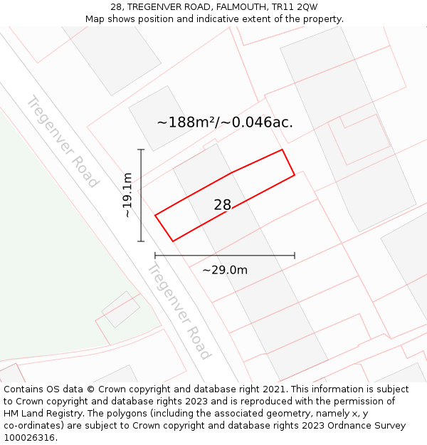 28, TREGENVER ROAD, FALMOUTH, TR11 2QW: Plot and title map