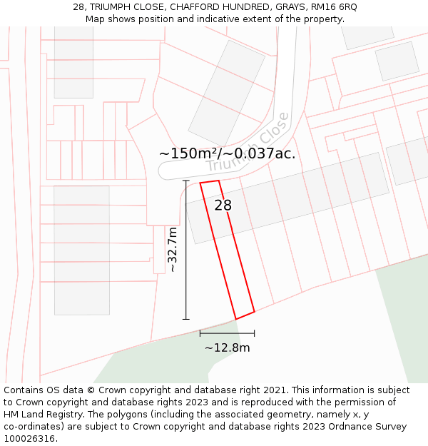 28, TRIUMPH CLOSE, CHAFFORD HUNDRED, GRAYS, RM16 6RQ: Plot and title map