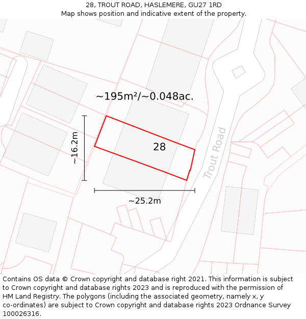 28, TROUT ROAD, HASLEMERE, GU27 1RD: Plot and title map