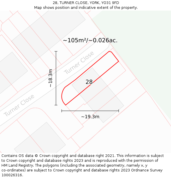 28, TURNER CLOSE, YORK, YO31 9FD: Plot and title map