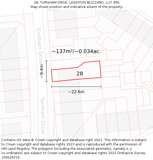 28, TURNHAM DRIVE, LEIGHTON BUZZARD, LU7 4RS: Plot and title map