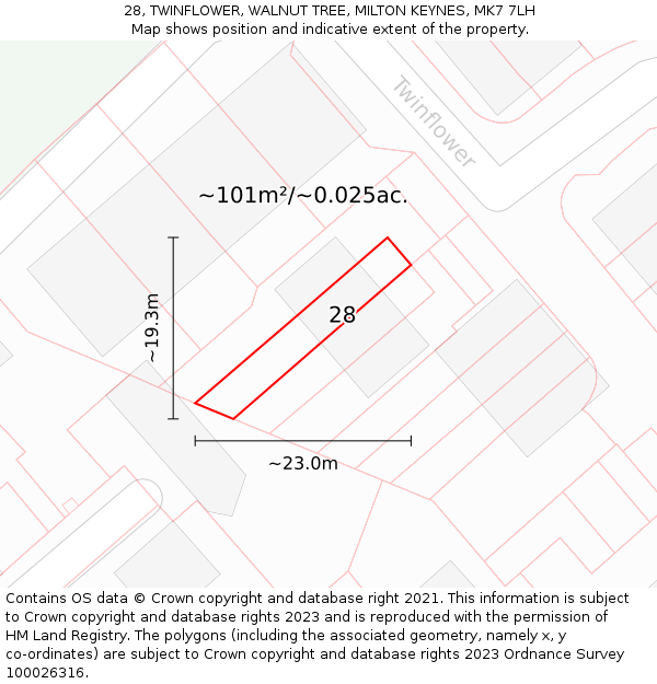 28, TWINFLOWER, WALNUT TREE, MILTON KEYNES, MK7 7LH: Plot and title map