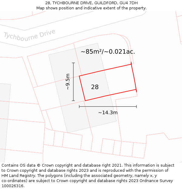 28, TYCHBOURNE DRIVE, GUILDFORD, GU4 7DH: Plot and title map